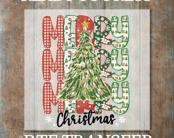 May include: A Christmas-themed DTF transfer design with the words "MERRY CHRISTMAS" in red and green. A detailed Christmas tree is in the center, with the words "READY TO PRESS" and "DTF TRANSFER" at the top and bottom.