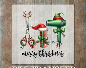 Hair Stylist Christmas DTF Transfer, Merry Hair Dryer and Comb, Ready to Press