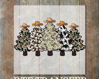 Camo Christmas Trees DTF Transfer, Ready to Press Festive Bows Design