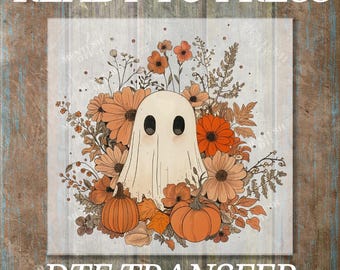 Retro Fall Ghost Pumpkin DTF Transfer, Cute Cartoon Halloween Print, Ready To Press Heat Transfer, DIY Autumn Shirt Iron-On Design
