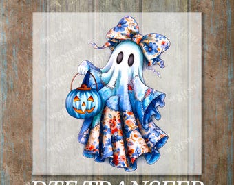 Retro Denim Ghost DTF Transfer: Spooky Patchwork Halloween Heat Press