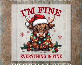 Funny Christmas DTF Transfer, Ready to Press Highland Cow Lights Decal