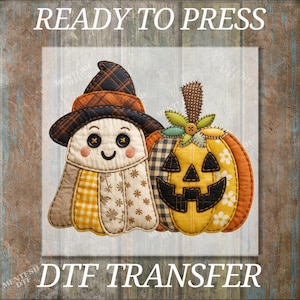 May include: A Halloween-themed DTF transfer design featuring a smiling ghost wearing a plaid hat and a jack-o'-lantern. The ghost has button eyes and a patchwork body. The pumpkin has a carved face. The words "READY TO PRESS" and "DTF TRANSFER" are at the top and bottom.