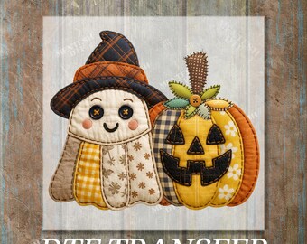 Patchwork Halloween DTF Transfer, Quilt Style Pumpkin and Ghost Print, Retro Quilted Applique Design, Ready To Press Fall Shirt Decal