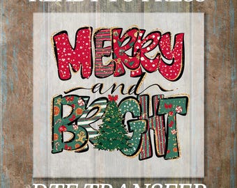 Merry and Bright DTF Transfer, Ready to Press Christmas Shirt Heat Transfer