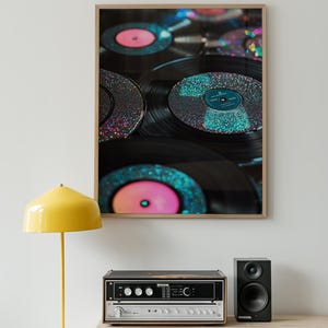 Glitter Vinyl Record Wall Art – Colorful Retro Music Decor, Sparkly Disco Poster, Funky 70s Room Aesthetic, Unique Gift for Music Lovers