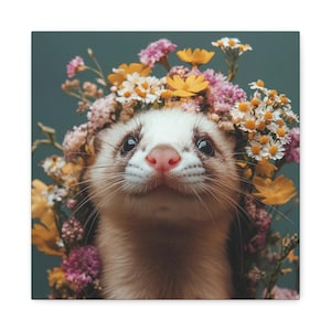 Ferret and Flowers Matte Canvas Print – Whimsical Animal Art for Home Decor – Eco-Friendly Gift for Ferret Lovers and Nature Enthusiasts