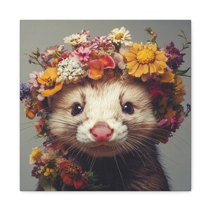 Whimsical Ferret and Flowers Canvas Print – Nature-Inspired Animal Art for Home Decor – Gift for Pet Lovers and Ferret Enthusiasts