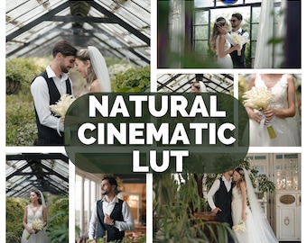 Könnte beinhalten: Eine Collage von Hochzeitsfotos mit Braut und Bräutigam in verschiedenen Posen. Die Bilder sind in einem Gewächshaus und im Freien aufgenommen. Der Text "NATURAL CINEMATIC LUT" ist über den Bildern platziert.