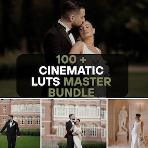 May include: A promotional image for a cinematic LUTs master bundle. The image features a couple in wedding attire, with additional wedding photos below. The text "100+ CINEMATIC LUTS MASTER BUNDLE" is displayed on a dark background.