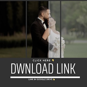 May include: A wedding photo featuring a couple embracing. The man wears a black tuxedo, and the woman is in a white dress, holding a bouquet. The image has the text "DOWNLOAD LINK" and "LINK IN GOOGLE DRIVE".