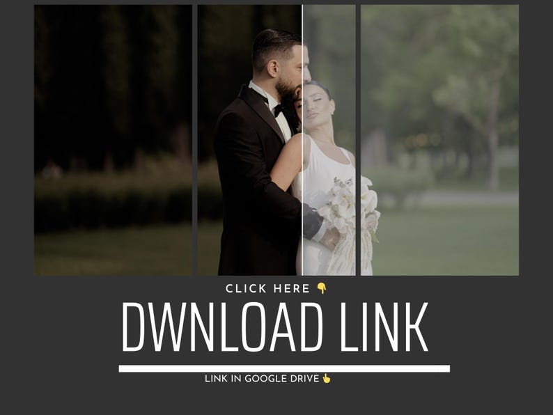 May include: A wedding photo featuring a couple embracing. The man wears a black tuxedo, and the woman is in a white dress, holding a bouquet. The image has the text "DOWNLOAD LINK" and "LINK IN GOOGLE DRIVE".