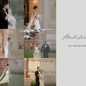 May include: A collage of wedding photos featuring couples in formal attire. The images showcase brides in white gowns and grooms in tuxedos, with outdoor and indoor settings. Text reads "Artandili Wedding 100+ MASTER BUNDLE."