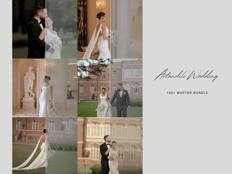 May include: A collage of wedding photos featuring couples in formal attire. The images showcase brides in white gowns and grooms in tuxedos, with outdoor and indoor settings. Text reads "Artandili Wedding 100+ MASTER BUNDLE."