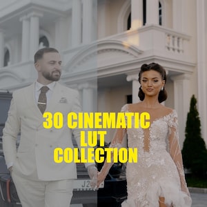 May include: A couple stands in front of a large white building with the text "30 CINEMATIC LUT COLLECTION" in yellow. The woman wears a white wedding dress, and the man wears a cream suit. A black SUV is parked nearby.