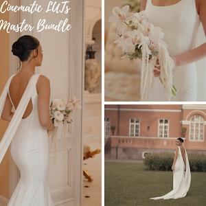 May include: A bride in a white wedding dress with a long train and a bouquet of white flowers. The image includes the text "Cinematic LUTs Master Bundle". The dress has a low back and flowing fabric.