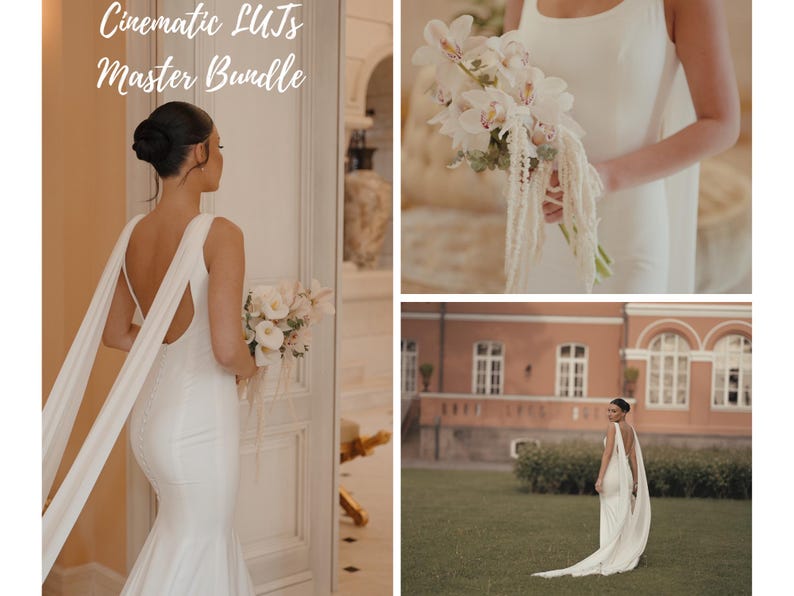 May include: A bride in a white wedding dress with a long train and a bouquet of white flowers. The image includes the text "Cinematic LUTs Master Bundle". The dress has a low back and flowing fabric.