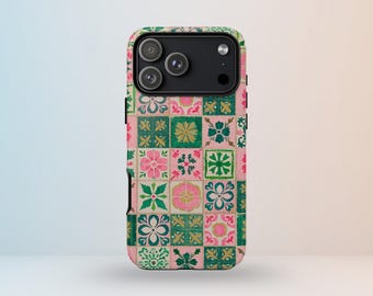 Pink & Green Floral Tile Phone Case