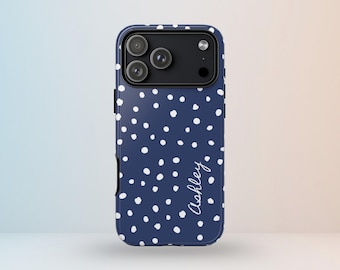 Personalized Navy Polkadot Phone Case -  Custom Name Magsafe Compatible iPhone, Samsung, Google Pixel