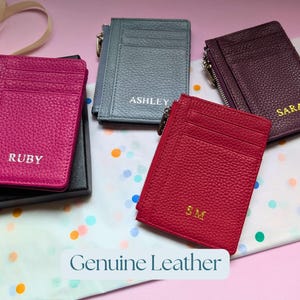 Zipper Card Holder, Genuine Leather Coin Purse, Personalized Bachelorette Gift, Burgundy Wallet Custom Gift, Slim Credit Cardholder Initials
