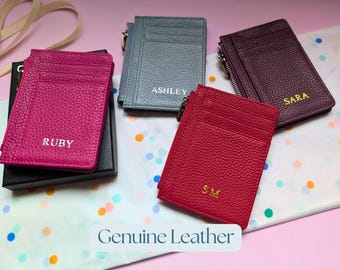 Personalized Leather Card Holder: Slim Wallet with Zipper Coin Purse