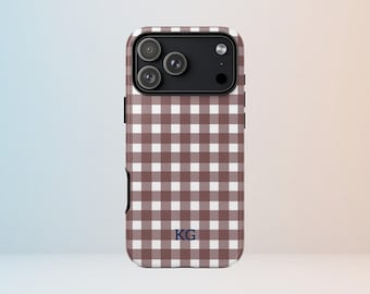 Personalized Brown Gingham Phone Case, Custom Initial Phone Cover