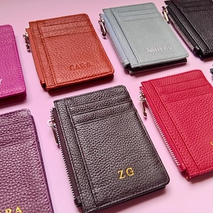 Burgundy Zipper Card Holder, Genuine Leather Coin Purse, Personalized Bachelorette Gift, Red Wallet, Pink Ladies Coin Purse, Custom Initials