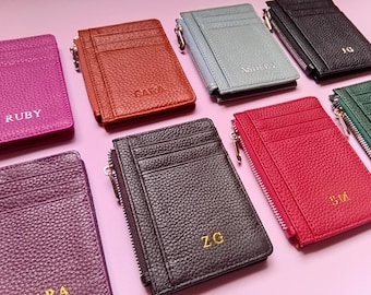 Burgundy Zipper Card Holder, Genuine Leather Coin Purse, Personalized Bachelorette Gift, Red Wallet, Pink Ladies Coin Purse, Custom Initials