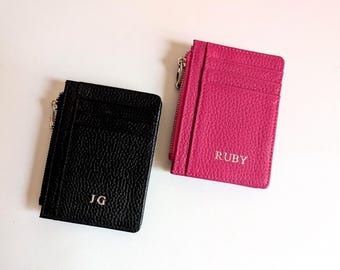 Personalized Leather Card Holder: Slim Wallet with Zipper Coin Purse