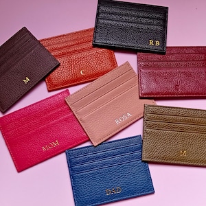 Cartera de cuero con monograma para tarjetas de crédito, tarjetero de cuero genuino, ideas de regalos de boda personalizados, iniciales personalizadas, San Valentín para él