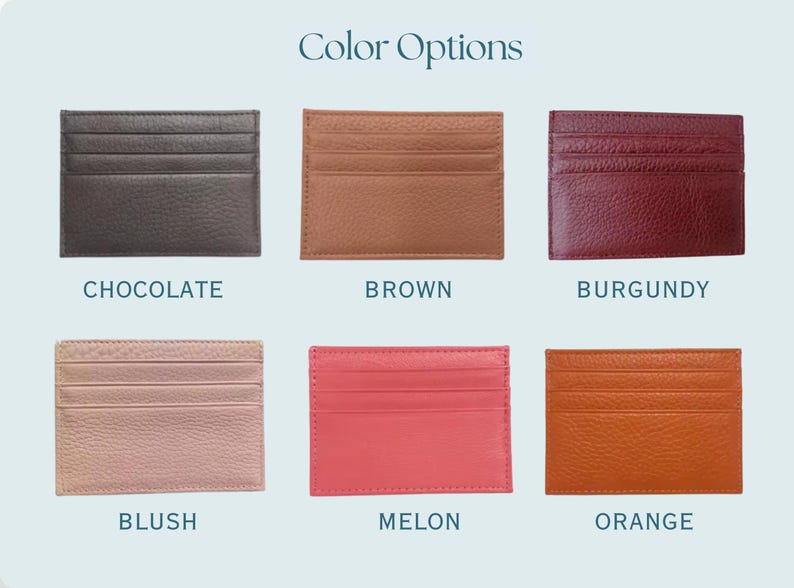 Chocolate, Brown, Burgundy, Blush, Orange and Melon Credit card holders.