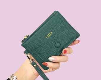 Monogrammed Leather Keychain Wristlet Wallet: Zipper Coin Purse, Cowhide Card Holder