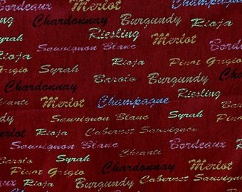 Burgundy Fabric, 18 in x 44 in, Names of Wines, Half Yard, Half Yard Fabric, Cotton Fabric, Merlot Fabric, Bordeaux Wine, Pattern 112 2969