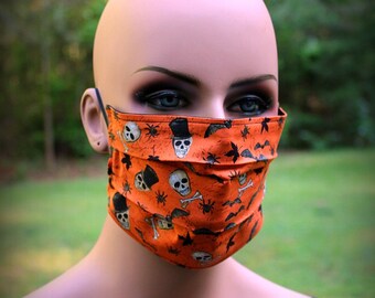 Fabric Face Mask, Orange Skulls Bats, Halloween Mask, Top Hat Skull, Face Mask, Spiders Mask, Mouth Nose Mask, Facial Mask, Reusable Mask