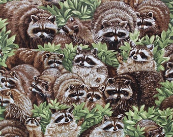 Raccoon Fabric, Backyard Bandits, 24 In x 44 In, Raccoons Fabric, Cotton Fabric, Green and Brown, Raccoon Family, Animal Fabric, Home Decor