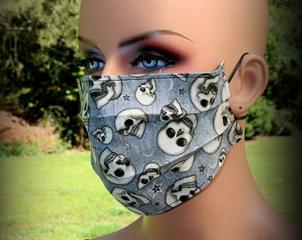 Fabric Face Mask, Gray With Skulls, Skull Mask, Laughing Skull, Dusting Mask, Mouth Nose Mask, Facial Mask, Reusable Mask, Dust Mask, Cloth