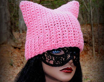 Pink Cat Hat, Pink Cat Beanie, Womens Cat Hat, Cat Ears Hat, Cat Hat, Pink Kitty Hat, Pink Hat, Chunky Hat, Cat Ears Beanie, Cat Beanie