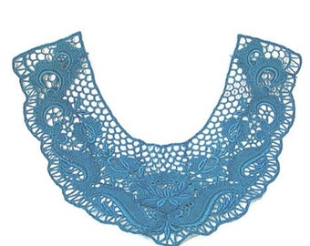 Turquoise Lace, Neckline Lace, Collar Front Lace, Blue Lace, Embroidered Lace, Blue Neckline Piece, Applique Trim, 18 inches, Neck Edging