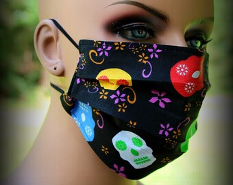 Sugar Skulls Mask, Fabric Face Mask, Color Skulls Mask, Sugar Skulls, Face Mask, Black Mask, Paisley Skulls, Facial Mask, Reusable Mask