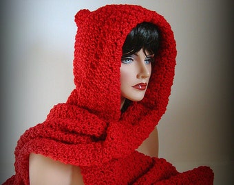 Hooded Scarf, Red Scarf, Red Hood, Womens Scarf, Mens Scarf, Red Riding Hood, Red Neckwarmer, Christmas Scarf, Crimson Red, Scarlet Red, Cro