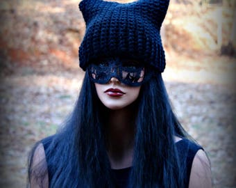Black Cat Hat, Black Beanie, Womens Cat Hat, Cat Ears Hat, Cat Hat, Halloween Hat, Black Hat, Chunky Hat, Cat Ears Beanie, Cat Beanie, Cat