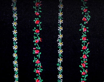 Black Floral Stripe, Black Stripe Fabric, 18 In x 44 In, Floral Stripe Fabric, Red Rose Flowers, White Daisy Fabric, Tiny Flower Stripe