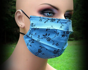 Fabric Face Mask, Black Floral, Blue Mask, Blue Floral Mask, Face Mask, Blue Black Mask, Floral Mask, Facial Mask, Reusable Mask, Flowers