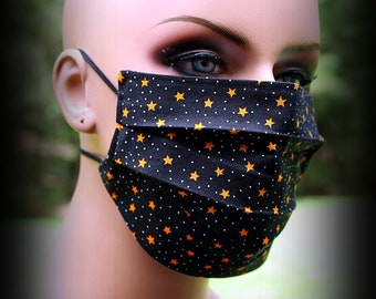 Fabric Face Mask, Halloween Stars, Orange Stars, Face Mask, Black Orange Mask, Halloween Mask, Facial Mask, Reusable Mask, Stars Mask, Polka