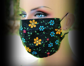 Fabric Face Mask, Day of Dead Floral, Black Floral Mask, Face Mask, Day of Dead Mask, Folklore Floral Mask, Facial Mask, Reusable Mask