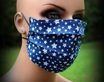 Fabric Face Mask, Blue and White Stars, Star Mask, Face Mask, Patriotic Mask, Mouth Nose Mask, Facial Mask, Reusable Mask, Dust Mask, Cloth