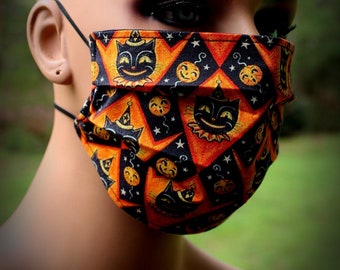 Retro Cat Mask, Orange Black Cats, Halloween Mask, Halloween Cat, Face Mask, Black Cat Mask, Harlequin Mask, Facial Mask, Reusable Mask