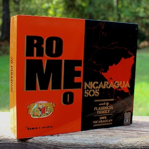 Romeo Cigar Box, Cigar Box, Empty Cigar Box, Orange and Black, Plasencia Family, Romeo V Julista, Boveda, Nicaragua, 2020, Purse