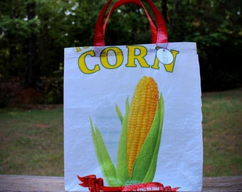 Market Tote, Feed Sack Bag, Feedsack Tote, Recycled Feedsack, Feed Tote, Yellow and White, Corn Sack, Grocery Bag, Feedsack Bag, Plastic Bag