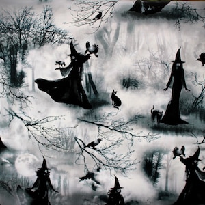 May include: A black and white fabric print featuring silhouettes of witches in pointed hats, black cats, and crows amidst a misty, dark forest landscape with bare tree branches and a full moon visible in the lower left corner of the pattern.